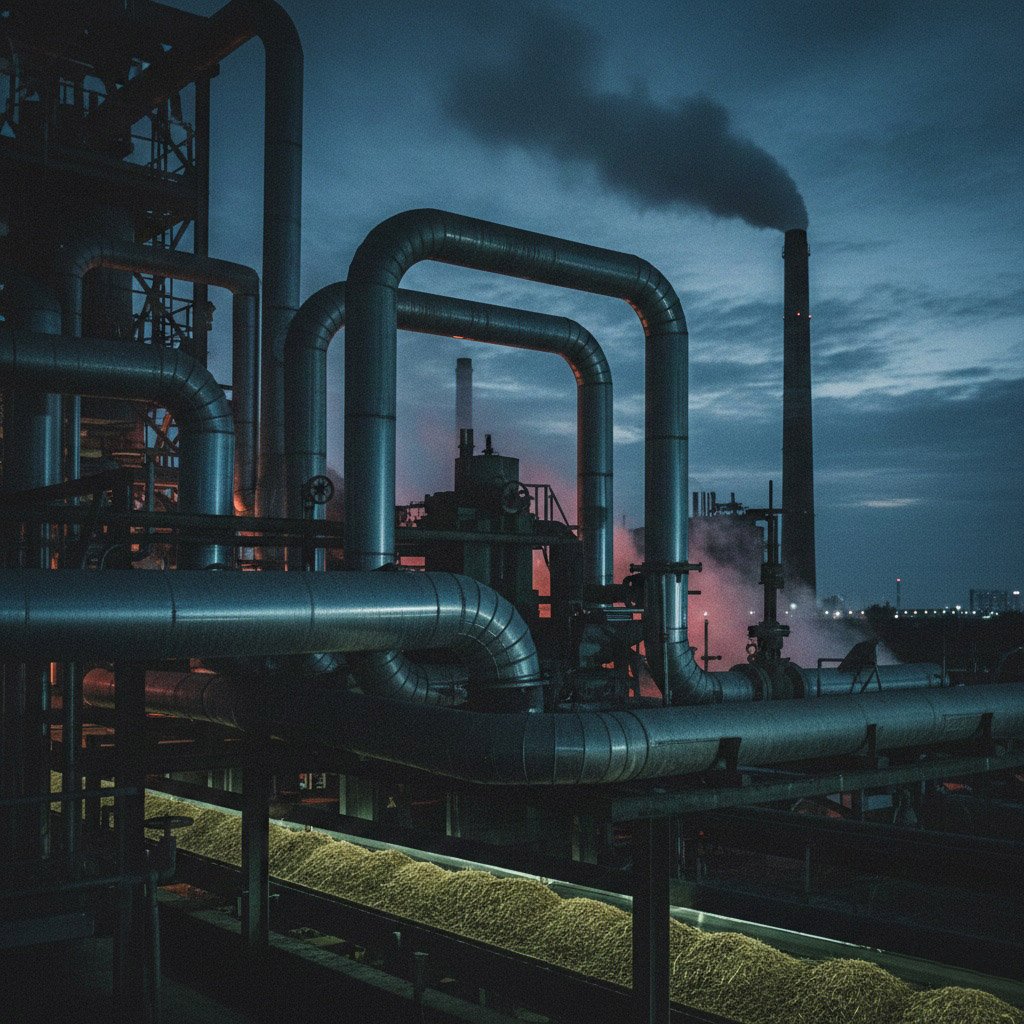 Vista nocturna de planta industrial